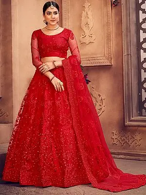 Scarlet-Red Net Floral Vine Pattern Lehenga Choli with Embellished Thread-Pearl Work and Scalloped Dupatta