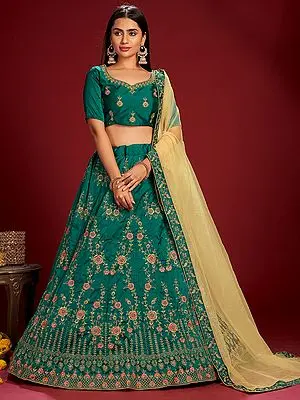 Green Taffeta Silk Meena Floral Butta Lehenga Choli with Embellished Thread-Pearl Work and Dupatta