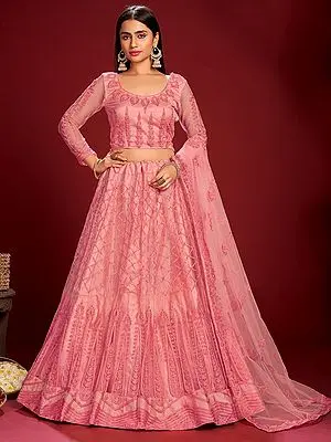 Pink-Dolphin Kali-Diamond Pattern Net Lehenga Choli With Thread-Stone Work On All-Over And Floral Butta Dupatta