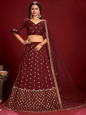 Rumba-Red Chakram-Laddi Motif Taffeta Silk Lehenga Choli With Thread-Stone Embroidery And Dupatta