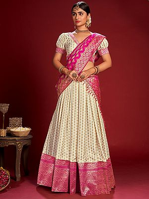 Snow-White Jacquard Silk Floral Pattern Designer Lehenga Choli With All-Over Zari Waveing And Pink Dupatta