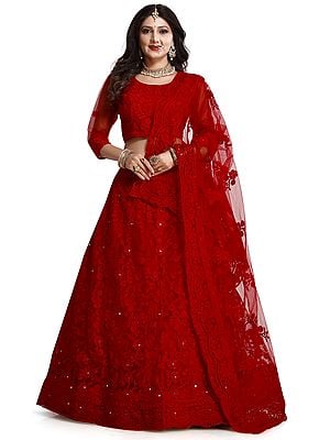 True-Red Net Scalloped Pattern Lehenga Choli With Floral Vine Motif With Thread Embroidery And Dupatta