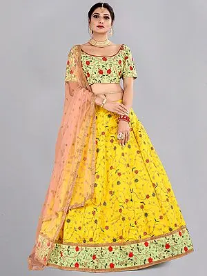 Cyber-Yellow Taffeta Silk Lehenga Choli with Meena Vine Pattern Thread Embroidery and Lace Work Peach Dupatta