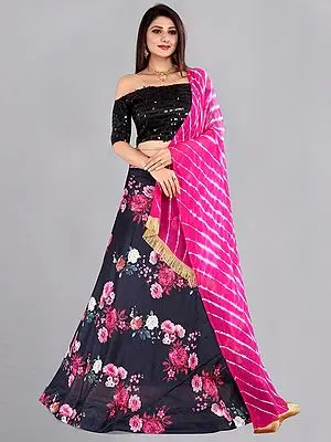 Digital Floral Printed Banglory Silk Lehenga Choli with Georgette Pink Dupatta