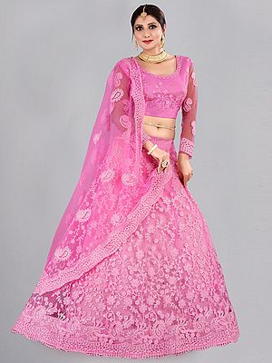 Fuchsia-Pink Net Scalloped Lehenga Choli With Floral Vine Motif Thread Embroidery With Kalka Butta Dupatta