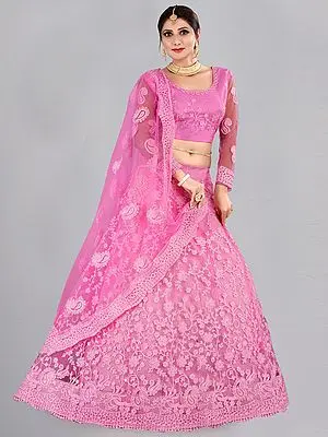 Fuchsia-Pink Net Scalloped Lehenga Choli with Floral Vine Motif Thread Embroidery with Kalka Butta Dupatta