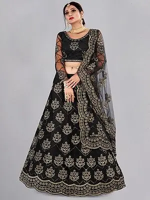 Jet-Black Net Mughal Butta Lehenga Choli with Thread Embroidery and Scalloped Dupatta