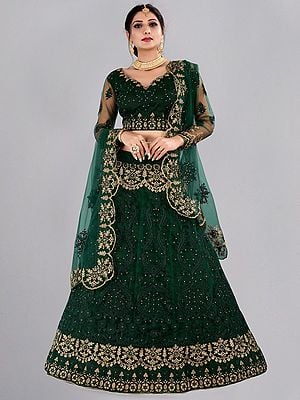 Net A-Line Designer Lehenga Choli With Floral Pattern Thread Embroidery And Scalloped Dupatta