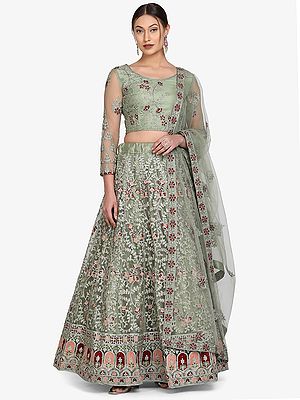 Pista-Green Meena Work Net Lehenga Choli With Floral Creeper Thread Embroidery And Phool Butta Pattern Dupatta