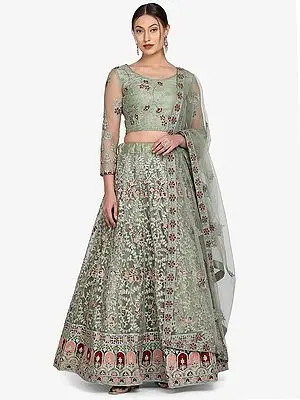 Pista-Green Meena Work Net Lehenga Choli with Floral Creeper Thread Embroidery and Phool Butta Pattern Dupatta