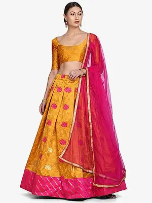 Marigold Taffeta Silk Lehenga Choli with Phool Bail Pattern Zari Woven and Lace Work Net Dupatta