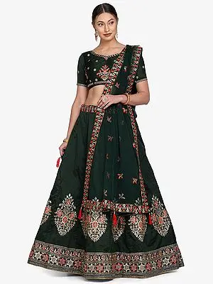 Green-Gables Taffeta Silk Meena Mughal Motif Lehenga Choli with Thread Embroidery and Floral Butti Net Dupatta