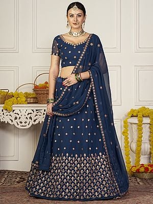 Teal-Blue Georgette Lehenga Choli With All-Over Chakra Bootis Mirror-Thread Embroidery And Dupatta