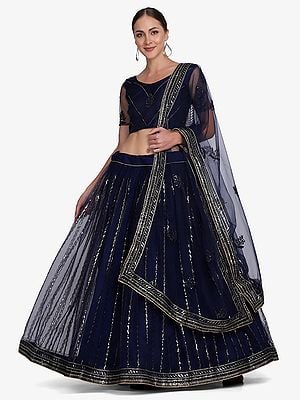 Blueprint Net Lehenga Choli with Stripe Pattern Sequins-Thread Embroidery and Dupatta