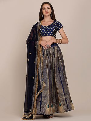 Blue Taffeta Silk Morpankh Pattern Lehenga Choli With Thread Embroidery And Lace Border Dupatta