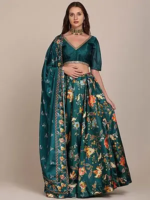 Colonial-Blue Taffeta Silk Multicolor Digital Flower Print Lehenga Choli Georgette Dupatta