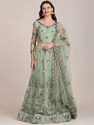Pista-Green Net Floral Meena Motif Lehenga Choli with Thread Embroidery and Matching Dupatta