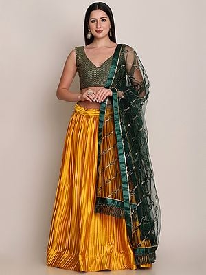 Shartin Sik Platted Style Yellow Lehenga With Taffeta Silk Green Choli And Net Designer Dupatta