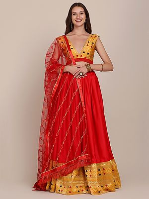 Satin Sik Lace Work Red Lehenga With Taffeta Silk Yellow Choli And Diagonal Laddi Pattern Net Dupatta