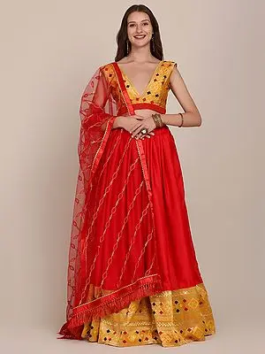 Satin Silk Lace Work Red Lehenga with Taffeta Silk Yellow Choli and Diagonal Laddi Pattern Net Dupatta