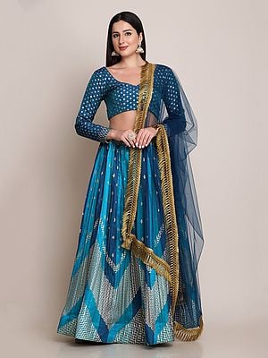 Diva-Blue All-Over Zari Woven Silk Blend Lehenga With Jacquard Phool Butta Choli And Net Fringe Dupatta