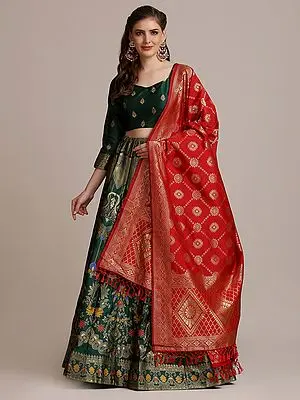 Green Meena Mughal Pattern Jacquard Silk Lehenga Choli with All-Over Zari Woven and Red Dupatta