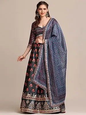 Digital Floral Butta Printed Jacquard Silk Lehenga Choli with Designer Dupatta