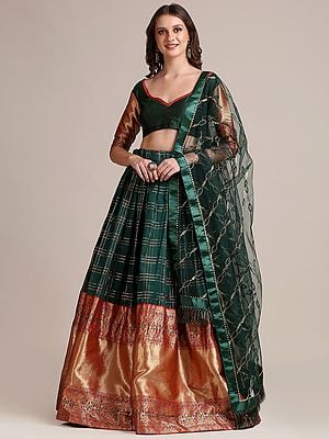 Green-Heron Jacquard Silk Check Pattern Lehenga Choli With Gota Zari Work And Diagonal Laddi Pattern Net Dupatta