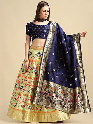 Yellow-Blue Jacquard Silk Floral-Peacock Pattern Lehenga Choli With All-Over Zari Woven Work And Dupatta