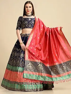 Blue Jacquard Silk Lehenga Choli with Peacock Motif Zari-Woven on All-Over and Dupatta
