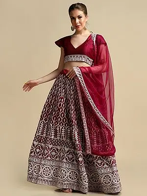 Persian-Red Taffeta Silk Ogee-Chakra Pattern Lehenga Choli with Thread Embroidery and Net Dupatta