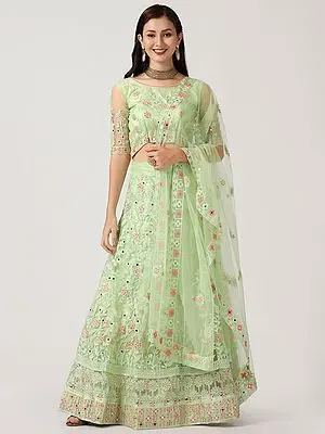 Light-Green Net Lehenga Choli with Vine Motif Thread Embroidery and Dupatta