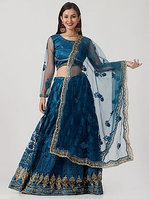 Rama-Blue Net Lehenga Choli With Floral Thread Embroidery And Dupatta