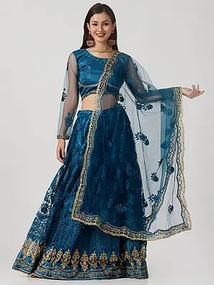 Rama-Blue Net Lehenga Choli with Floral Thread Embroidery and Dupatta