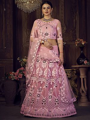 Light-Pink Net A-Line Floral Butta Motif Lehenga Choli With Thread Embroidery And Dupatta