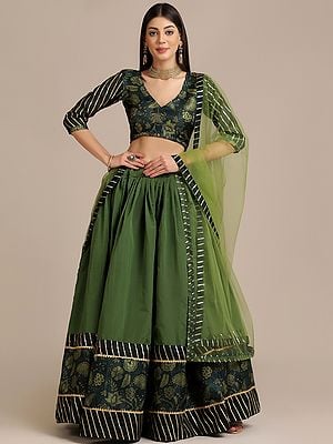 Pine-Green Floral Print Taffeta Silk Lehenga With With Banglory Silk Choli With Net Dupatta