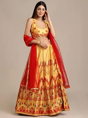 Yellow Digital Bird-Floral Printed Lehenga Choli with Net Dupatta