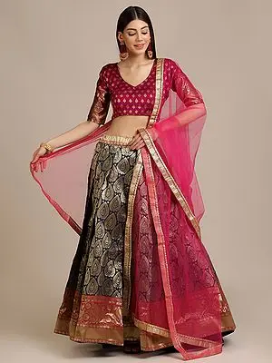 Blue-Pink Jacquard Silk Mughal Motif Lehenga Choli with Zari Work and Net Dupatta