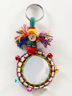 Assorted Multicolour Bell Ghunghru Metal with Big real Mirror Keychain