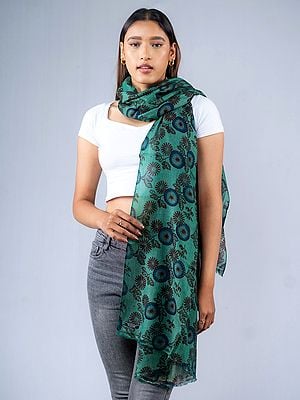 Green Floral Printed Pure Cashmere Wool Stole from Nepal