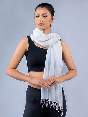 Bright-White Pashmina Silk Summer Plain Weave Stole from Nepal with Fringe