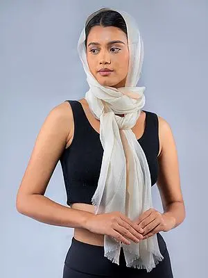 Coconut-Milk Lightweight Pure Cashmere Wool Stole with Beige Border from Nepal