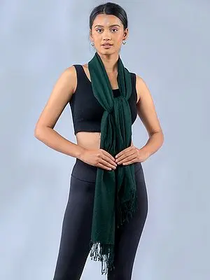 Dark-Green Plain Weave Pure Pashmina Stole from Nepal with Fringe