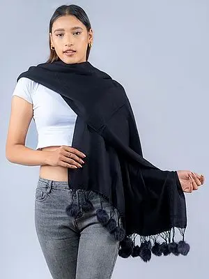 Bristol-Black Pashmina Silk Stole with Pom-Poms Tassels