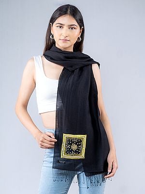 Black Embroidered Pashmina Silk Stole with Tassels from Nepal