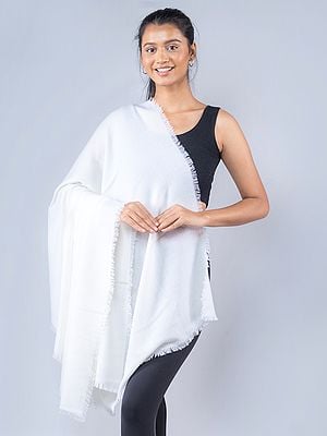 Brilliant-White Herringbone Weave Pure Pashmina Shawl with All-Over Fringe Border from Nepal