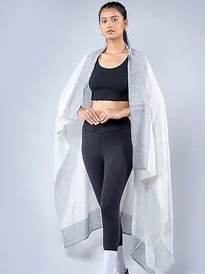 White Colored Pure Pashmina Shawl with Parallel Gray Stripe on Edges from Nepal