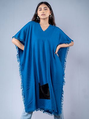 Blue-Aster Asymmetrical Pattern Pure Cashmere Poncho With Fringe Border From Nepal