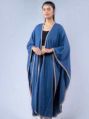 Riviera-Blue Plain Weave Pure Cashmere Cape From Nepal