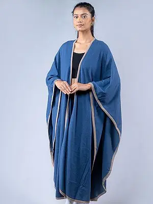 Riviera-Blue Plain Weave Pure Cashmere Cape from Nepal
